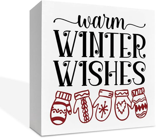 Christmas Wooden Desk Decor Sign, Warm Winter Wishes Wooden Box Sign, Winter Tabletop Home Plaque with Mittens Design, Holiday Farmhouse Decoration for Living Room Bedroom Office 5x5 Inches