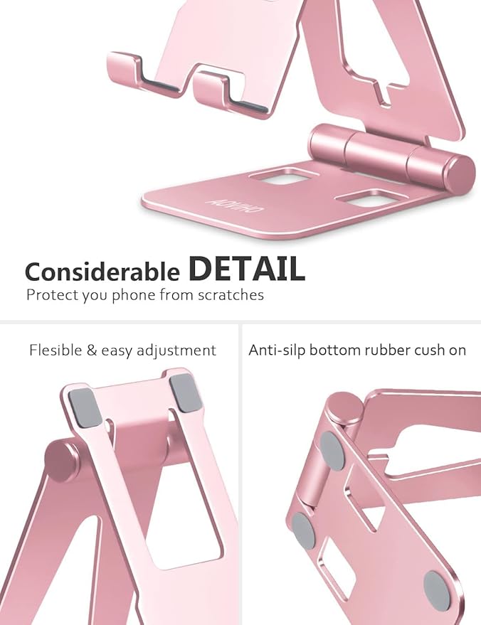Cell Phone Stand for Desk, Adjustable Desktop Phone Holder Stand, Foldable Moblie Phone Dock for iPhone17 16 15 14 13 12 11 Pro Xs Max Xr X 8 7 6 5 5s SE Nintendo Switch All Phones, Rose Gold