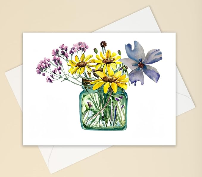 Wildflower Bouquet Greeting Cards, Set of 10 all occasion 5x7 note cards with Evelopes Blank Inside. Colorful Flowers in Vase Designs.