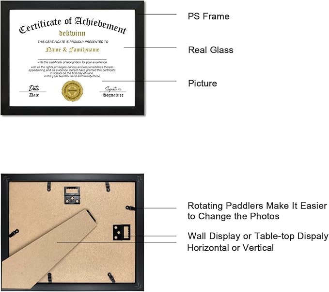 8.5x11 Picture Frames Certificate Document Frame Set of 6 with Real Glass, Diploma Frame for Wall Gallery or Tabletop display in Black