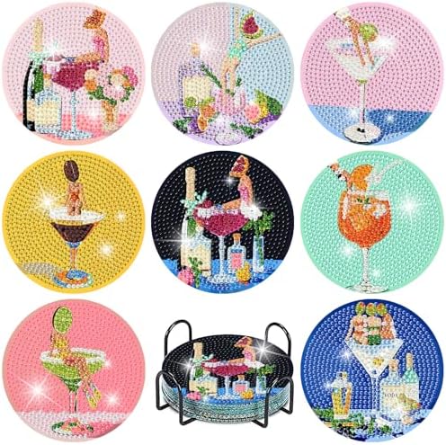 askkqtx 8 Pcs Cocktail Diamond Art Coasters Kits with Holder 4X4 Inch by askkqtx