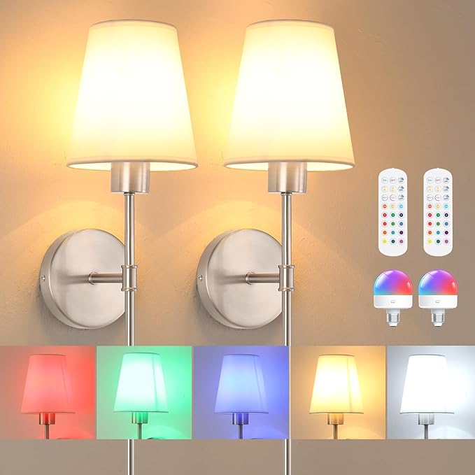 Battery Operated Wall Sconces Set of 2, 120H Usage Time 22.6" Rechargeable Wall Light with Dimmable Bulb, 12 Colors Wall Sconce for Bedroom Living Room, Silver