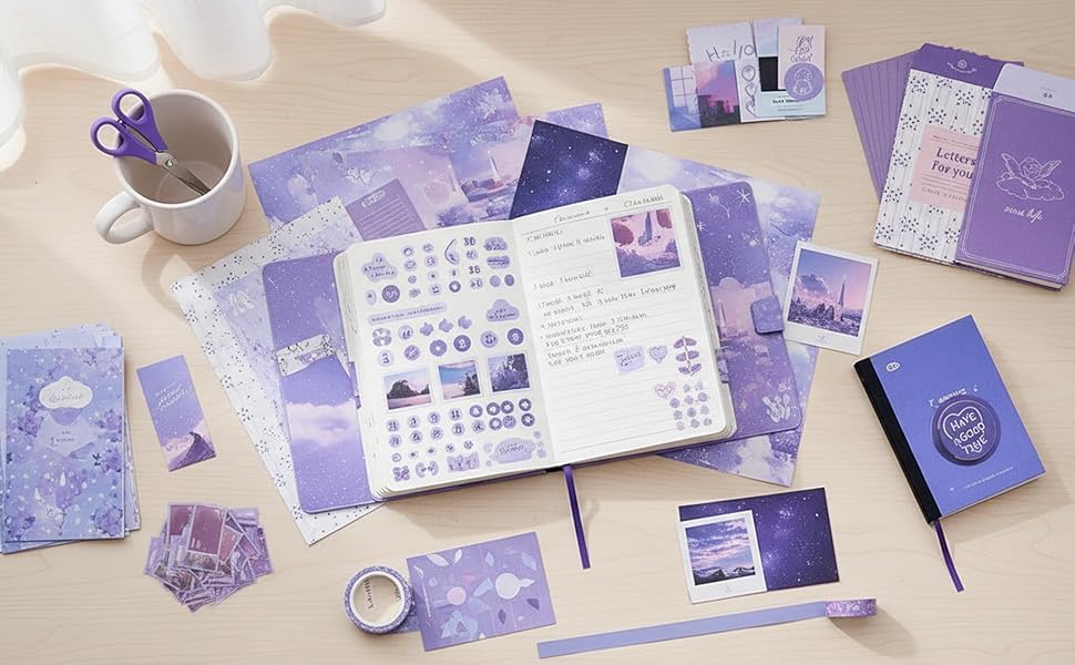 ATIRAMANIYA Vintage Aesthetic Scrapbook Kit(346Pcs) Scrapbooking Supplies Kit with Bullet Junk Journal,Stationery,A6 Grid Notebook Journaling Gift for Girl (Purple Scrapbook) - Image 5
