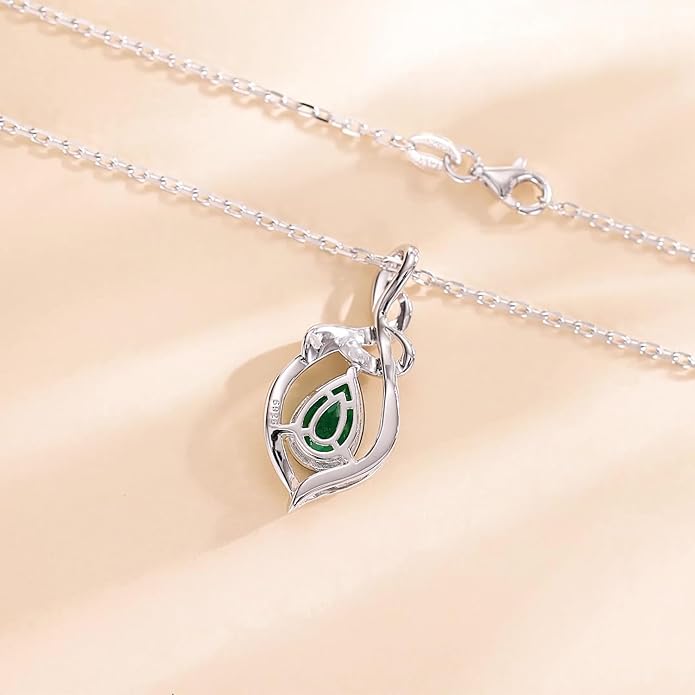 FANCIME Teardrop Gemstone Necklace for Women S925 Sterling Silver Elegant Ribbon Pendent Birthday Gifts for Her, 16"+2" Inches
