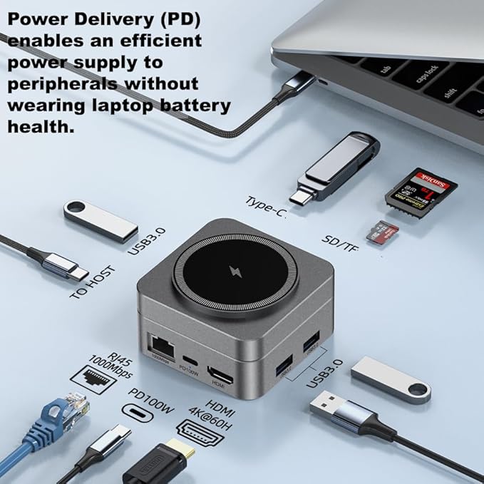10-in-1 Portable USB-C Hub with Wireless Charger, 4K HDMI, Made with Aluminum Alloy Casing for Durability, Compatible with Mac, Windows, Compact and Lightweight USB C Docking Station for Travel