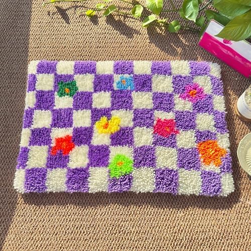 MeoobkCraft Sea of ​​Purple Flowers for Latch Hook Kits for Adults Beginners Purple Plaid Flowers Pre-Printed Latch Hook Rug Kits Embroidery Cross-Stitch for Home Home Decoration 20.47 x 14.96in - Image 2