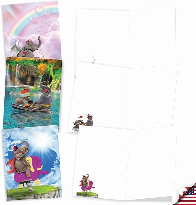 The Best Card Company - 20 Blank Note Cards with Envelopes (4 x 5.12 Inch) - All Occasion Animal Card Assortment (10 Designs, 2 Each) - Elefantasy Fun AM9617OCB-B2x10