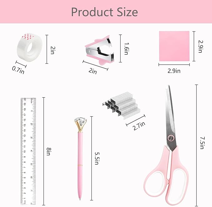 Office Supplies,Desk Accessories,with Stapler,Tape Dispenser,Staple Remover,Scissor,Ballpoint Pen,Sticky Notes,Clear Tape,Staples,Desk Organizer,Ruler,Binder,Best Gift Set(Pink)