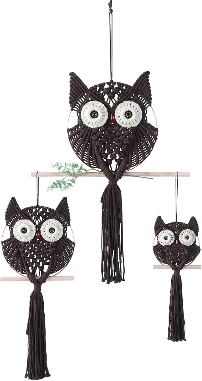 MVSUTA Owl Chocolate Cotton Handmade Macrame Wall Hanging Tapestry Home Decor Art and Craft Wonderful Decoration Woven Boho Ornament for Office Bedroom Apartment Living Nursery Gallery,3pcs set:1pc L