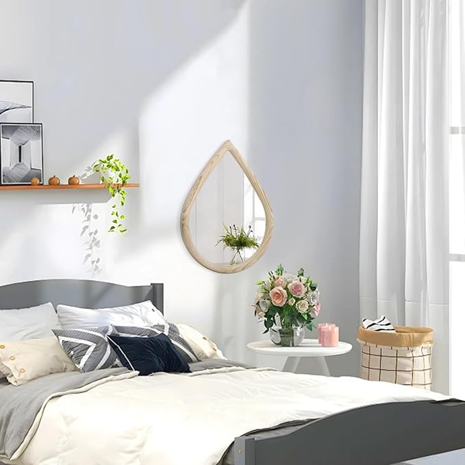 Teardrop Wall Mirror Small Natural Wood Framed Wall Hanging Mirror Irregular Mirrors for Wall Decorative Farmhouse Bedroom Bathroom Entryway Mirrors