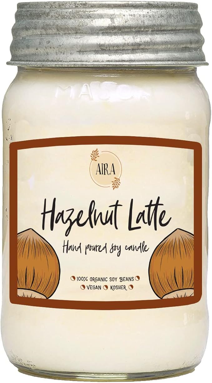 Aira Soy Candles - Organic, Kosher, Vegan, in Mason Jar w/Therapeutic Grade Essential Oil Blends - Hand-Poured 100% Soy Candle Wax - Paraffin Free, Burns 110+ Hours - Hazelnut Latte -16 Ounces