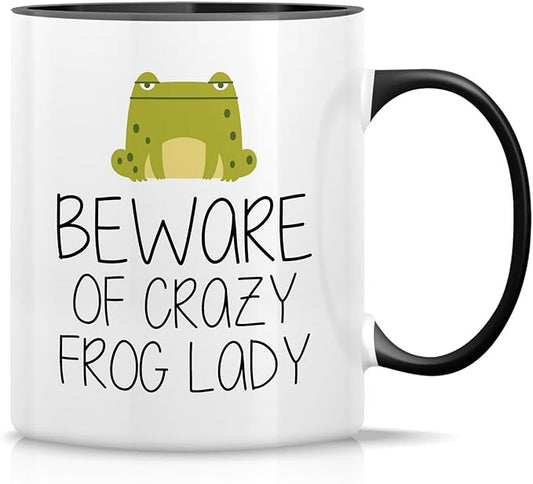 Retreez Funny Mug - Beware of Crazy Frog Lady 11 Oz Ceramic Coffee Mugs - Funny, Sarcasm, Sarcastic, Motivational, Inspirational birthday gifts - White Mug with Black Handle and Inner