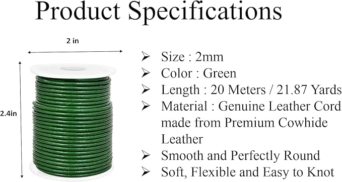 GENIQUE Real/Genuine Round Leather String Cord for Necklace, Bracelets, Jewelry, Kumihimo Braiding, DIY Projects (20 Metres) (2mm, Green)