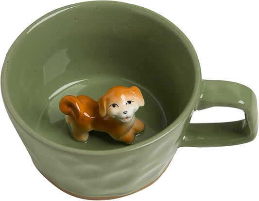 DIHOclub Farmhouse Ceramic Coffee Mug with Animal Figurine – Rustic Stoneware Cup, Matte Finish, Ideal for Breakfast & Home Decor (Green Dog)