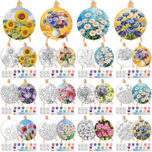 Supervitae 72 Piece Vintage Flowers Round Pre Drawn Canvas Kit 8" Paint and Sip Kit for Adults Painting Party Pre Printed Canvas DIY with Pictures Paints Easels Brushes for Party Gifts by Supervitae