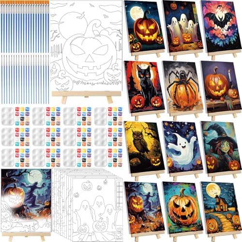 Zhanmai 72 Pcs 12 Sets Sip and Paint Kit Pre Drawn Canvas for Painting 8" x 10" Paint Party Canvas Painting Pre Printed Canvases for Party Favor DIY Virtual Adult's Date Night(Halloween Pumpkin) by Zhanmai