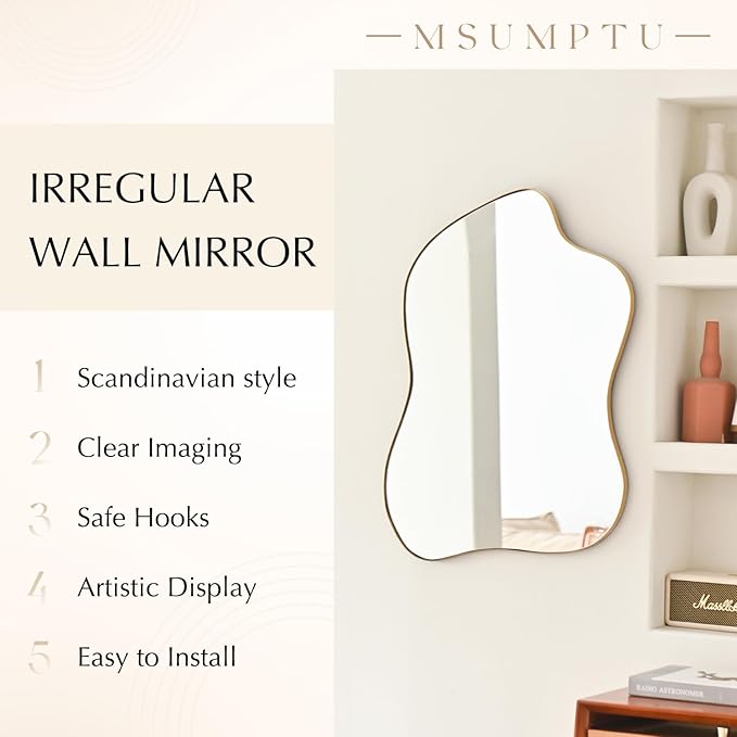 Irregular Wall Mirror Gold Wave Shaped Metal Framed Wall Mirror for Bathroom Bedroom Entryway Living Room Wall Decor 24" L x 18" W 2305B