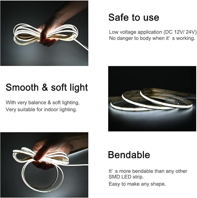 COB LED Strip Lights DC 12V LED Strip Flexible Super Bright LED Strips,16.4ft 6500K White,CRI 90+,2400LEDs High Density Uniform Light for Bedroom Home Room Decor (No Adapter or Controller)