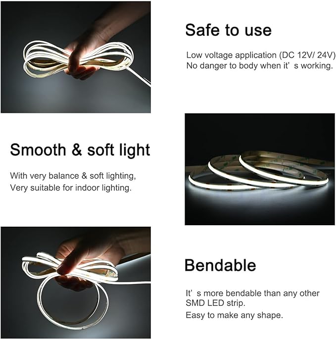 COB LED Strip Lights DC 12V LED Lights Flexible Super Bright LED Strips, 5Pack 16.4FT 6000K Cool White CRI 90+, 480LEDs/m High Density Uniform Light fo Home Room Decor (No Adapter or Controller)