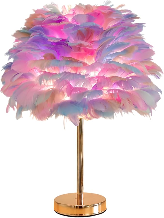ZYLEIESENBAO Colorful Feather Lamp Creative Teen Feather Table Lamp Romantic Cute Girl Bedside Lamp Nightstand Light Pretty Fluffy Desk Lamp for Wedding Deco Bedroom Living Room Entryway Hotel