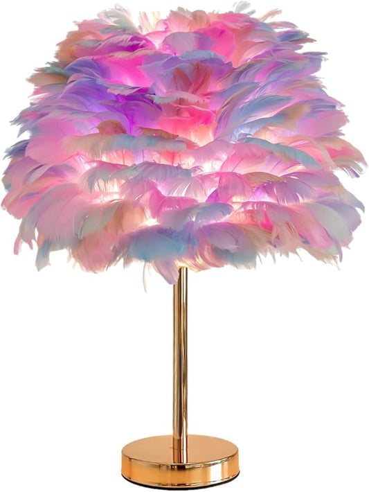 ZYLEIESENBAO Colorful Feather Lamp Creative Teen Feather Table Lamp Romantic Cute Girl Bedside Lamp Nightstand Light Pretty Fluffy Desk Lamp for Wedding Deco Bedroom Living Room Entryway Hotel