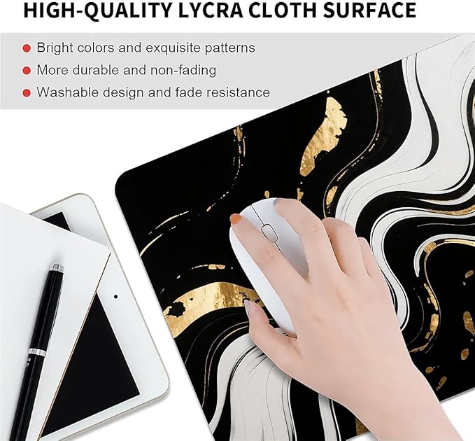 Square Mouse Pad Black White Marble, Personalized Premium-Textured Custom Mouse Mat Design, Washable Mousepad Cloth, Non-Slip Rubber Base Computer Mouse Pads for Wireless Mouse