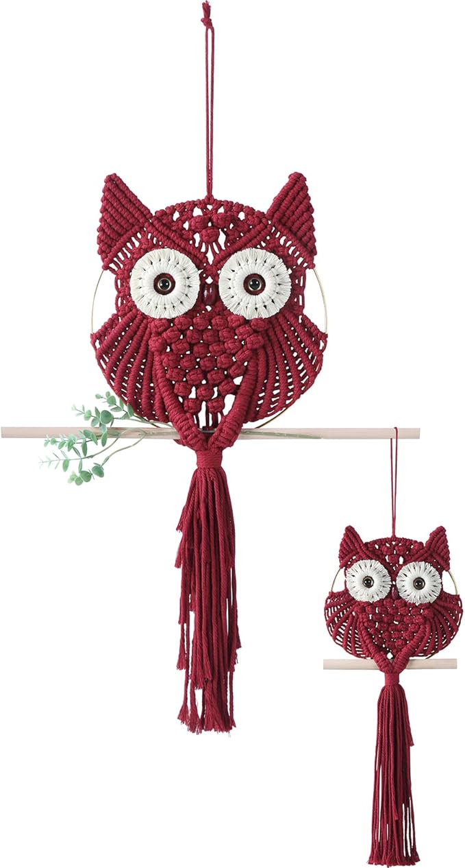 MVSUTA Owl Burgundy Cotton Handmade Macrame Wall Hanging Tapestry Home Decor Art and Red Craft Wonderful Decoration Woven Boho Ornament for Office Bedroom Apartment Living Nursery Gallery,2pcs set:1pc