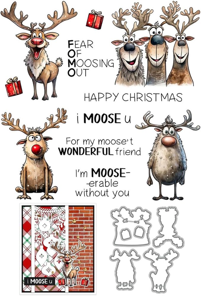 Christmas Deer Box Stamps and Cutting Dies for Card Making DIY Transparent Silicone Clear Stamp and Metal Die Cuts Sets for Scrapbooking Paper Greeting Cards Decor Seals Craft Supplies
