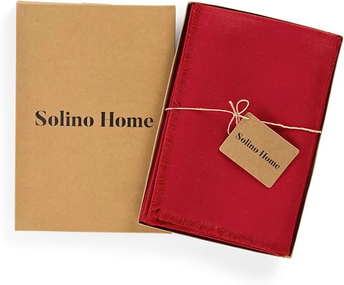 Solino Home Cherry Red Linen Napkins Set of 4-100% Pure Linen Fringe Dinner Napkins 20 x 20 Inch for Valentines