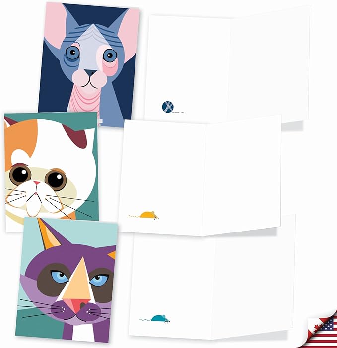 The Best Card Company - 10 Adorable Blank Cat Cards (4 x 5.12 Inch) - Cute Pet Kittens, Assorted Bulk Notecard Set - Cubic Cats M6730OCB