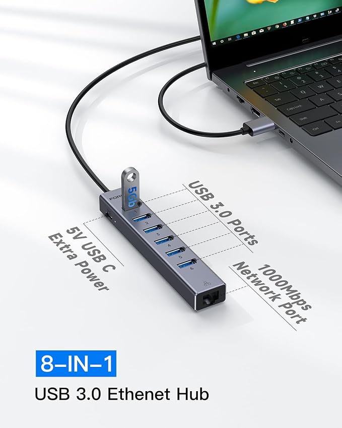 FORIDA 7 Ports USB Ethernet Hub with 3.9ft Long Cable USB Hub for Laptop, USB LAN Adapter with Gigabit Network Port, 5V/3A Power Port, Aluminum MultiPort Extender for PC, iMac, PC, Flash Drives