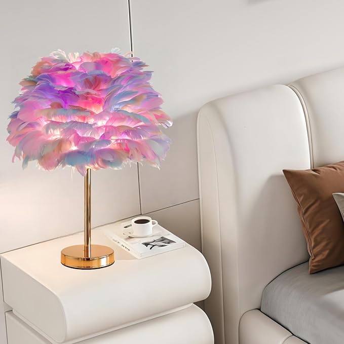 ZYLEIESENBAO Colorful Feather Lamp Creative Teen Feather Table Lamp Romantic Cute Girl Bedside Lamp Nightstand Light Pretty Fluffy Desk Lamp for Wedding Deco Bedroom Living Room Entryway Hotel