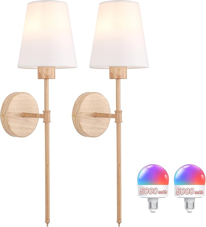 Battery Operated Wall Sconces Set of 2, Beech Color Wall Lamp 5000 mAh Rechargeable Bulb with 12 RGB Colors Dimmable Wall Sconce for Living Room Bedroom
