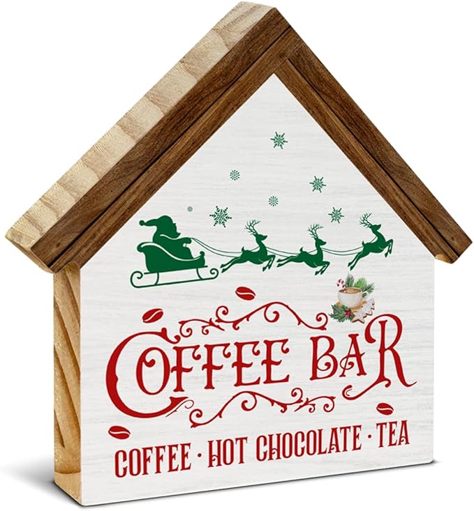 Vintage Christmas Coffee Bar Decor, Kitchen Christmas Decorations, Rustic House Shaped Wooden Sign, Xmas Decor for Farmhouse Home Kitchen