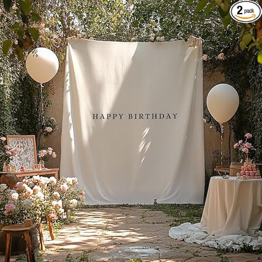Happy Birthday Tapestry, Neutral Minimalist Party Backdrop for Adults or Kids, Large Fabric Banner Wall Hanging, Simple Birthday Decoration
