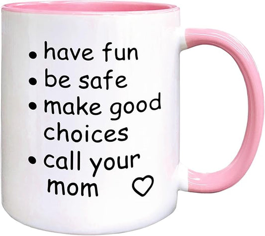 QASHWEY Funny Call Your Mom Coffee Mug, College Freshmen Students Graduation Gift, Call Your Mom Coffee Cups Ceramic 11 Ounce, College Gift Tea Mug Cup, Gifts for College Freshmen Girls Boys(Pink)