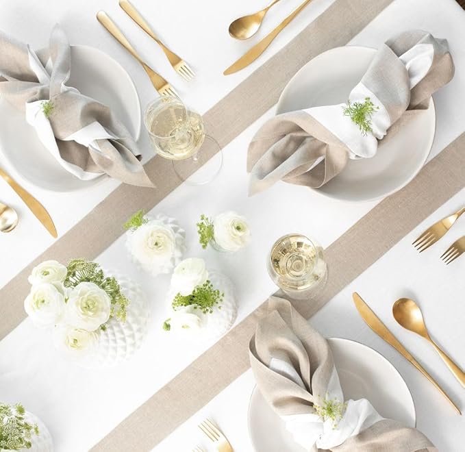 Solino Home Linen Table Runner 108 Inches Long - 100% Pure Linen Natural and White Dining Table Runner 14 x 108 Inch for Winter, Spring, Easter - Contempo