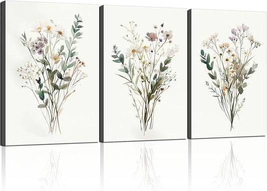 3pcs Framed Plants Flowers Wall Art Decor Canvas Print Nature Style Farmhouse Picture Poster Gallery Bedroom Living Room Studio Kitchen 12x16 Inch Ready to Hang