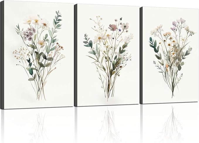 3pcs Framed Plants Flowers Wall Art Decor Canvas Print Nature Style Farmhouse Picture Poster Gallery Bedroom Living Room Studio Kitchen 16x24 Inch Ready to Hang