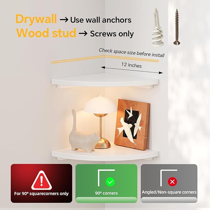 Floating Corner Shelves White 12", Solid Oak Wall Mounted Wooden Display Storage Rack with Wire Hole for Plants, Photos, Speakers, Bedroom, Kitchen, Living Room Décor - 1-Pack