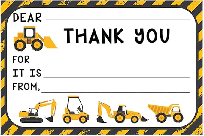 Andaz Press Kids Fill in the Blank Thank You Cards - 20 Cards Including Envelopes Construction Trucks Fun Gender Neutral Note Cards For Boys or Girls Thank You Notes for Friends, Family, Party Guests