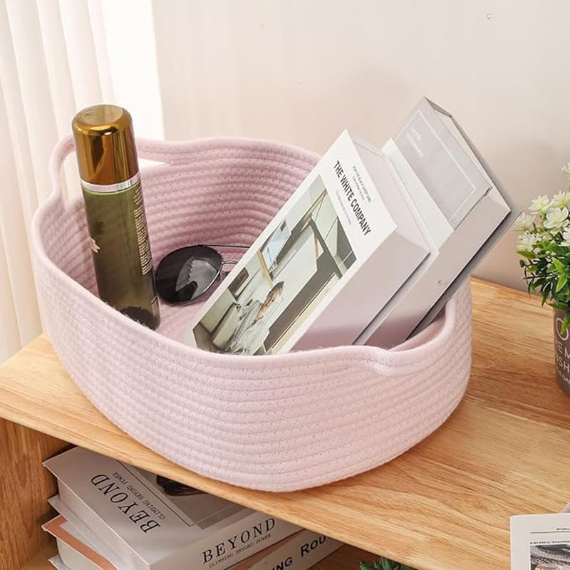 Woven Cotton Rope Storage Basket with Handle, Round Home Storage Basket for Home Organization and Gift Organizer, Home Organizer, Bedroom, Living Room, 12 x 8 x 5 Inch (Pink) - Image 5