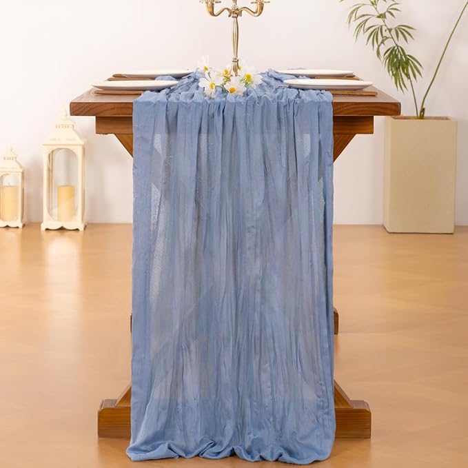 Socomi Dusty Blue Fall Thanksgiving Cheesecloth Table Runner Boho Rustic Gauze 120 inch 10FT Cheese Cloth Runner for Wedding Party Baby Shower Birthday Home Decor Holiday Decorations