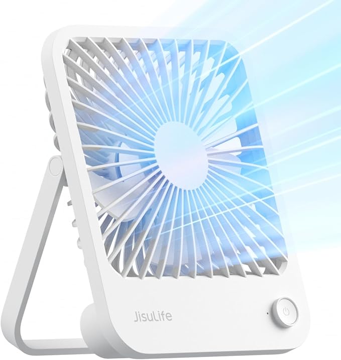 JISULIFE Small Desk Fan Battery Operated, 180° Foldable Portable Fan, 4 Speeds Adjustable Ultra Quiet for Home Office Travel Outdoor-White