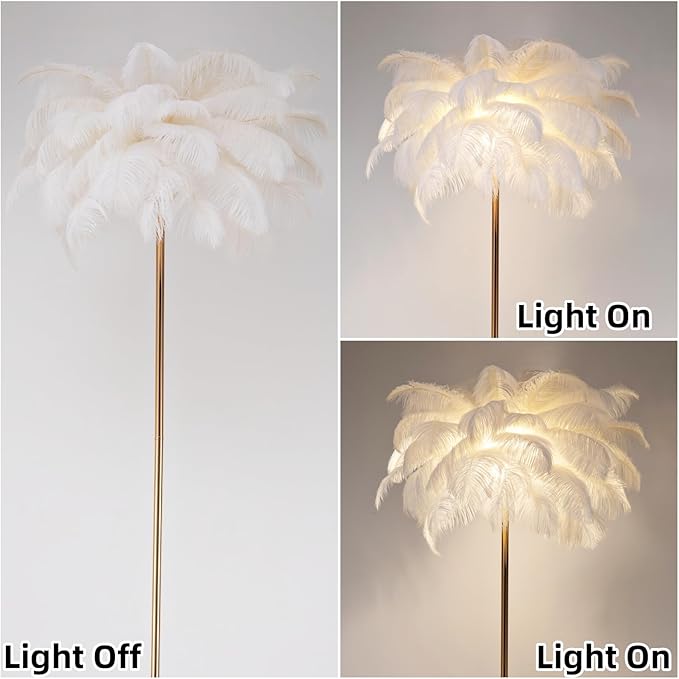 Chic White Feather Floor Lamp Nordic Ostrich Feather Lamp Girl Furry Floor Lamp Standing Floor Lights Modern Princess Bedroom Bedside Reading Light for Living Room Sofa Hotel Bedroom