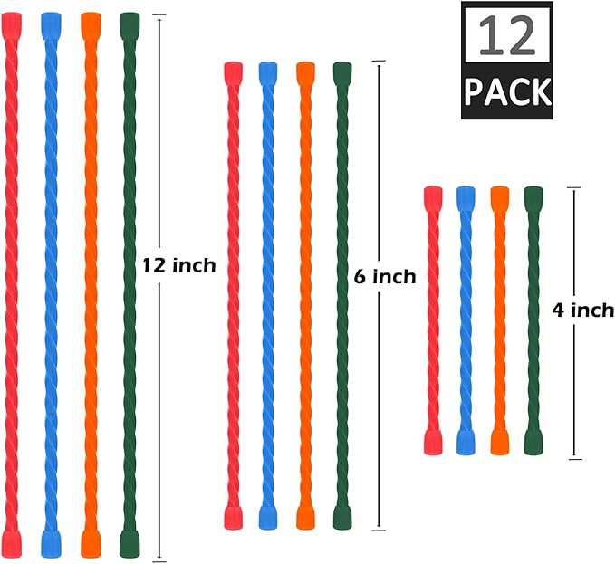 12 PCS Silicone Cable Ties 4 6 12 Inch Steel-Core Twist Ties Reusable Rubber Ties Straps for Organizing Bundling and Holding Wire All Purpose Bendable Cord Tie for Indoor and Outdoor (4 Colors)