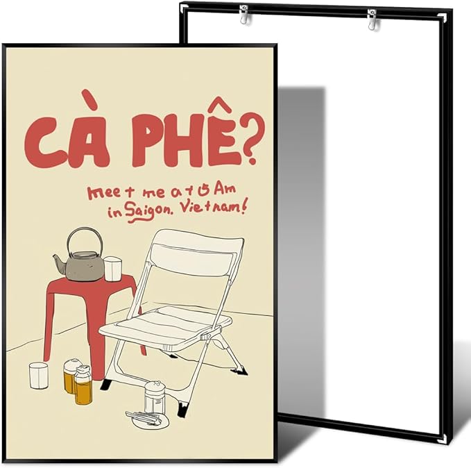Metal Black Frame Vintage Vietnamese Coffee Culture Wall Art Outdoor Folding Chair Tea Set Canvas Poster Meet Me At 5 Am In Saigon Vietnam Print Minimalist Decor for Living Room Decoration 24x36inch