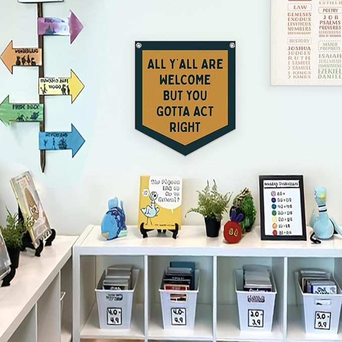 Lacama Retro Classroom Wall College Dorm Decor, All Y'all Are Welcome But You Gotta Act Right Banner, Retro Wall Hanging Banner Pennant Flag for Bedroom Kids Room Playroom Decor