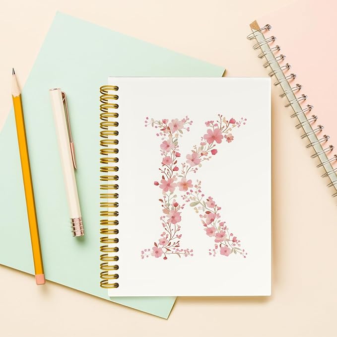 Pink Cute Spiral Notebook Journal, Preppy Floral Initial Letter K Personalized Journaling Notebooks, Monogrammed Gifts for Women Girls, Botanical Hardcover Spiral Lined Notebook 5.5 x 8.3