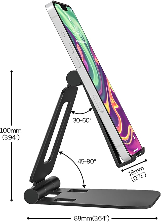 Cell Phone Stand for Desk Phone Holder Foldable Portable Adjustable Cradle Dock Compatible with iPhone 15 14 13 Pro Max, iPhone 12 11 Plus SE XS XR 8 7, Office Desk Travel Accessories, Black